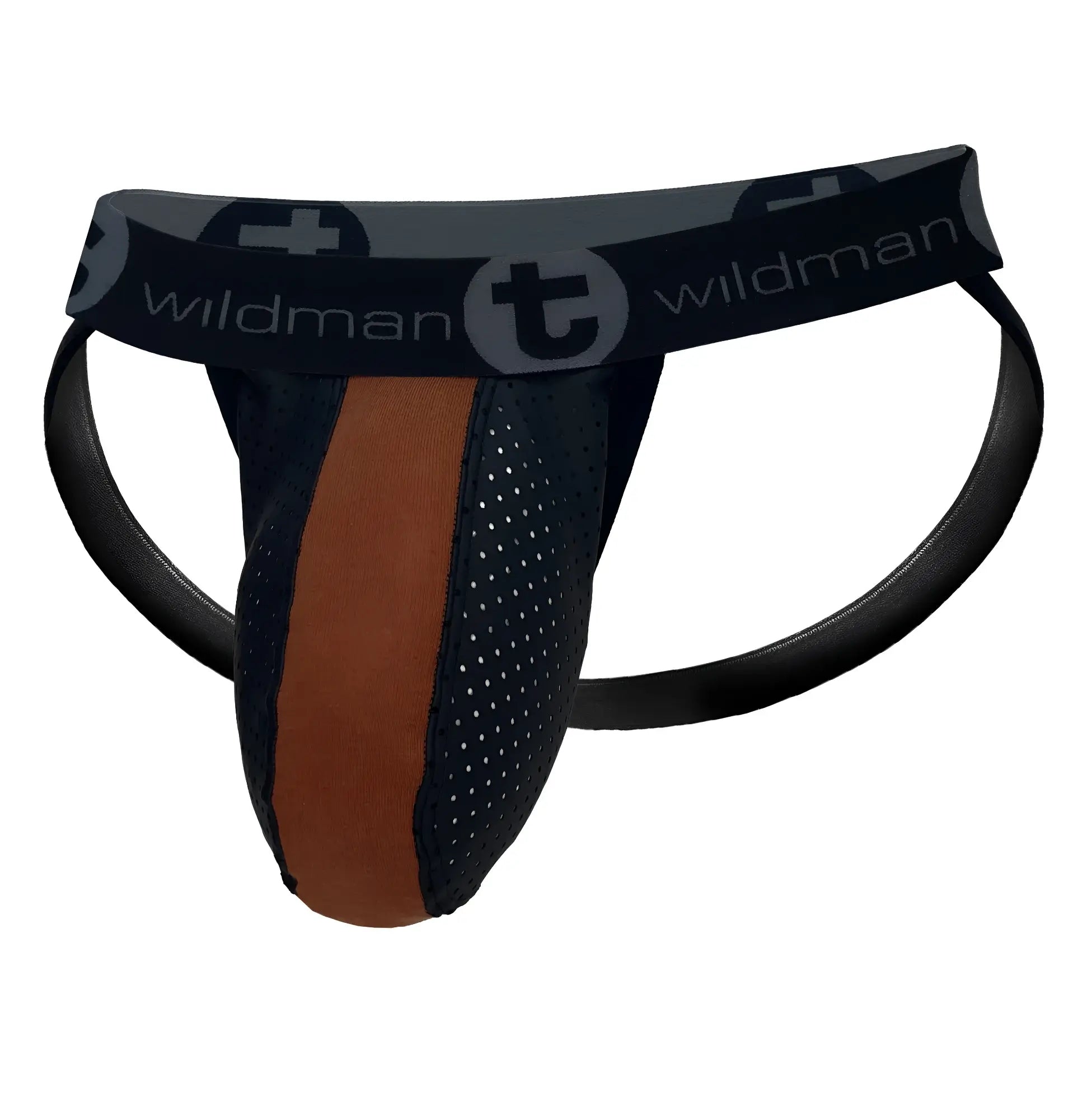 Black and brown wildman athletic briefs with perforated mesh design and rubber cotton material pouch waistband logo
