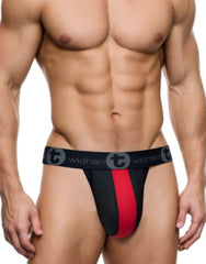 Black and red wildmanT big boy pouch rubber cotton jockstrap with bold vertical stripe and widnan logo waistband