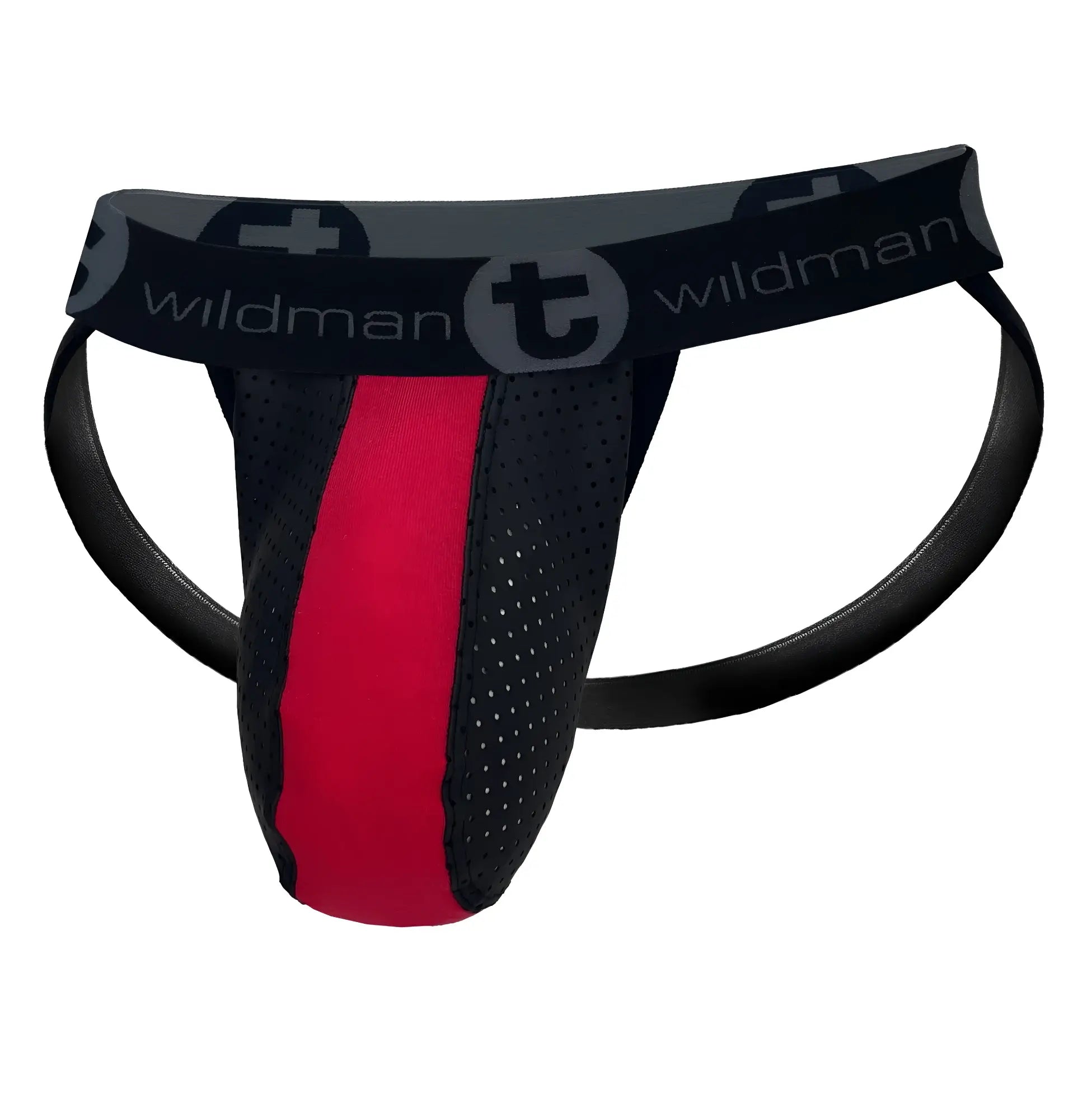 Black and red perforated athletic briefs with rubber cotton material and branded wildman waistband for active use