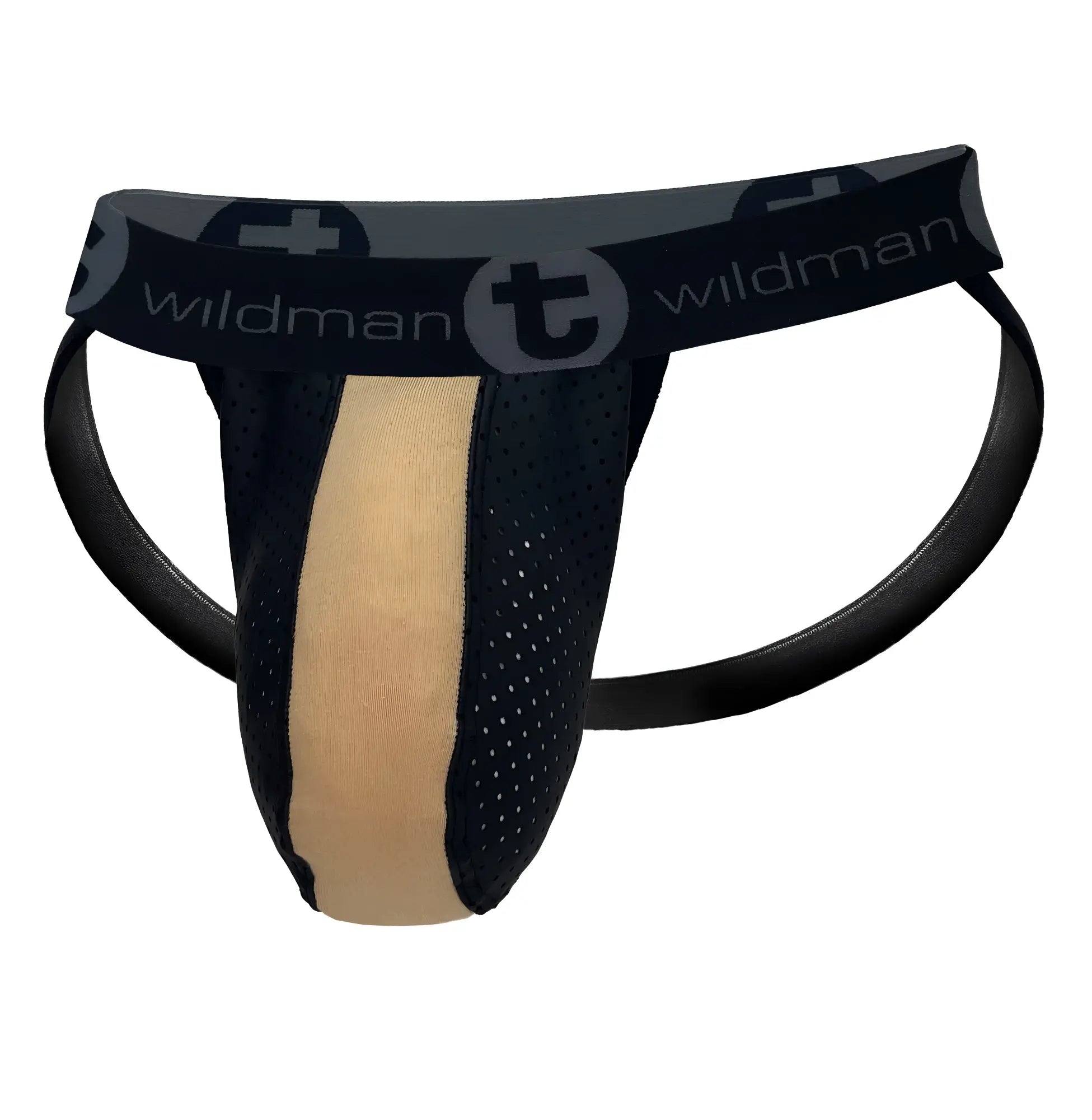 Black and beige wildman athletic briefs with perforated design and rubber cotton tan big boy pouch jockstrap waistband