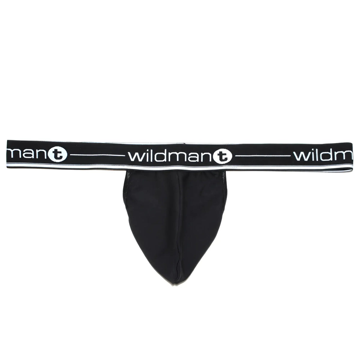 Black men’s thong with wide elastic waistband featuring wildman t logo in white from wildmant big boy pouch strapless jock black