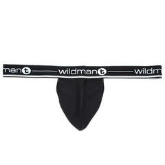 Black men’s thong with wide elastic waistband featuring wildman t logo in white from wildmant big boy pouch strapless jock black