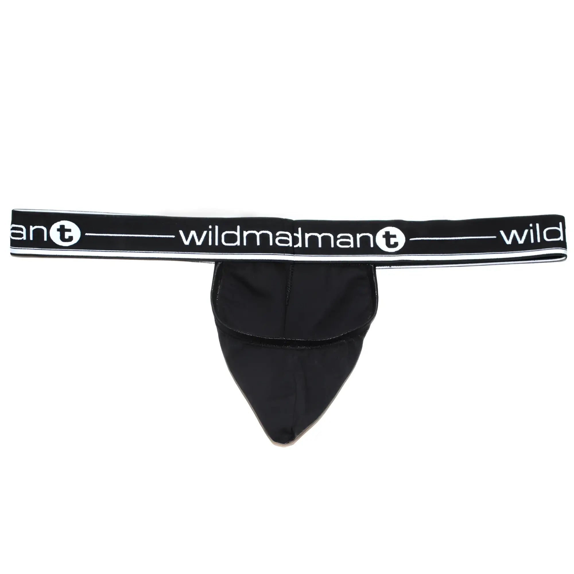 Black wildman big boy pouch strapless jockstrap with white logo band and elastic waistband in black