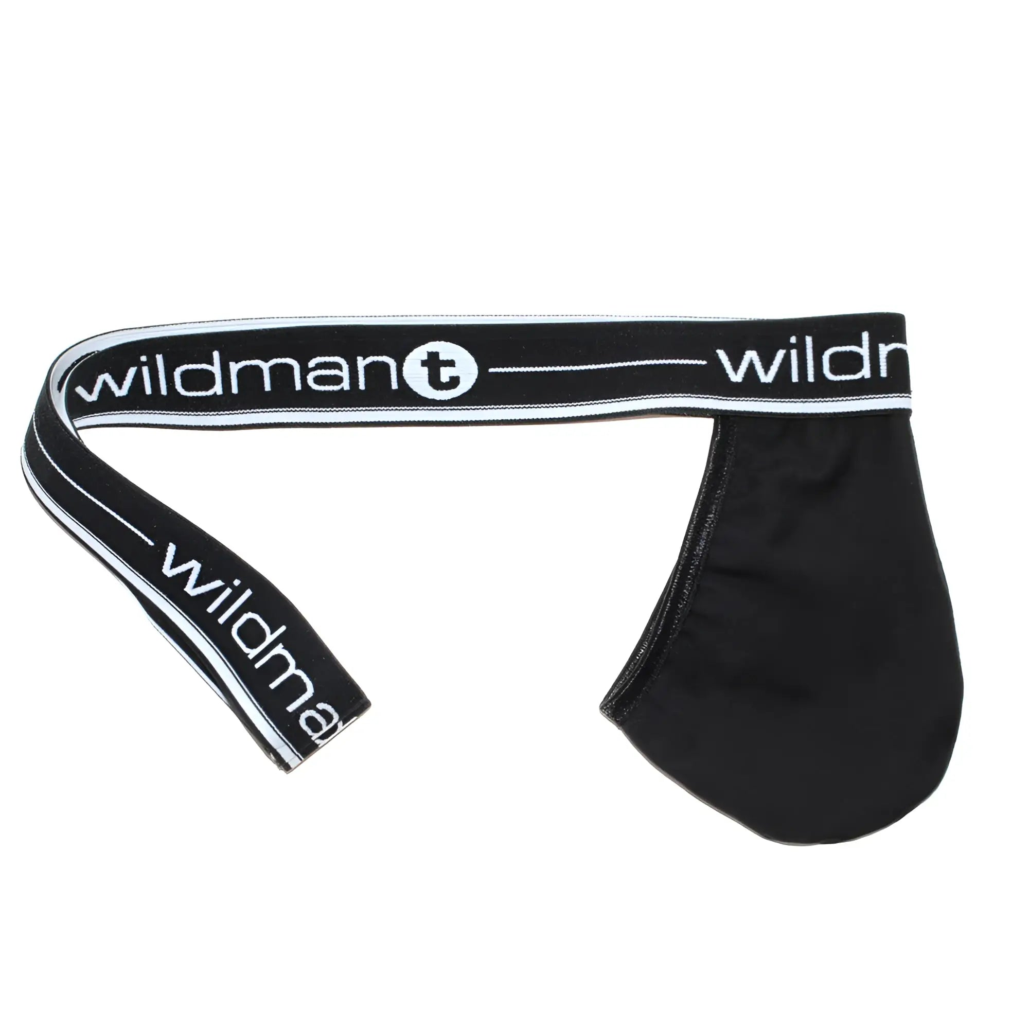 Black wildman t big boy strapless jock briefs with white lettering and trim in a front pouch design