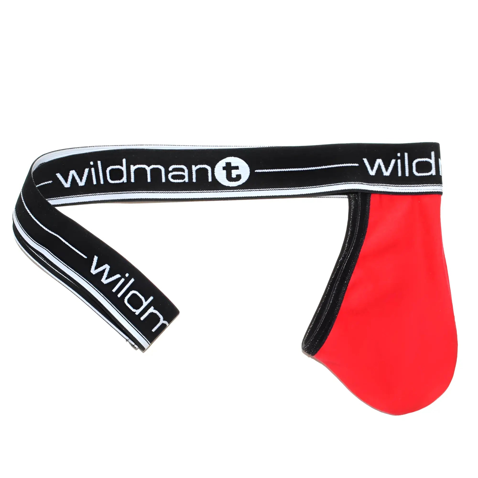 Wildmant big boy pouch strapless jock in red and black with bold contrasting wildmant logo design