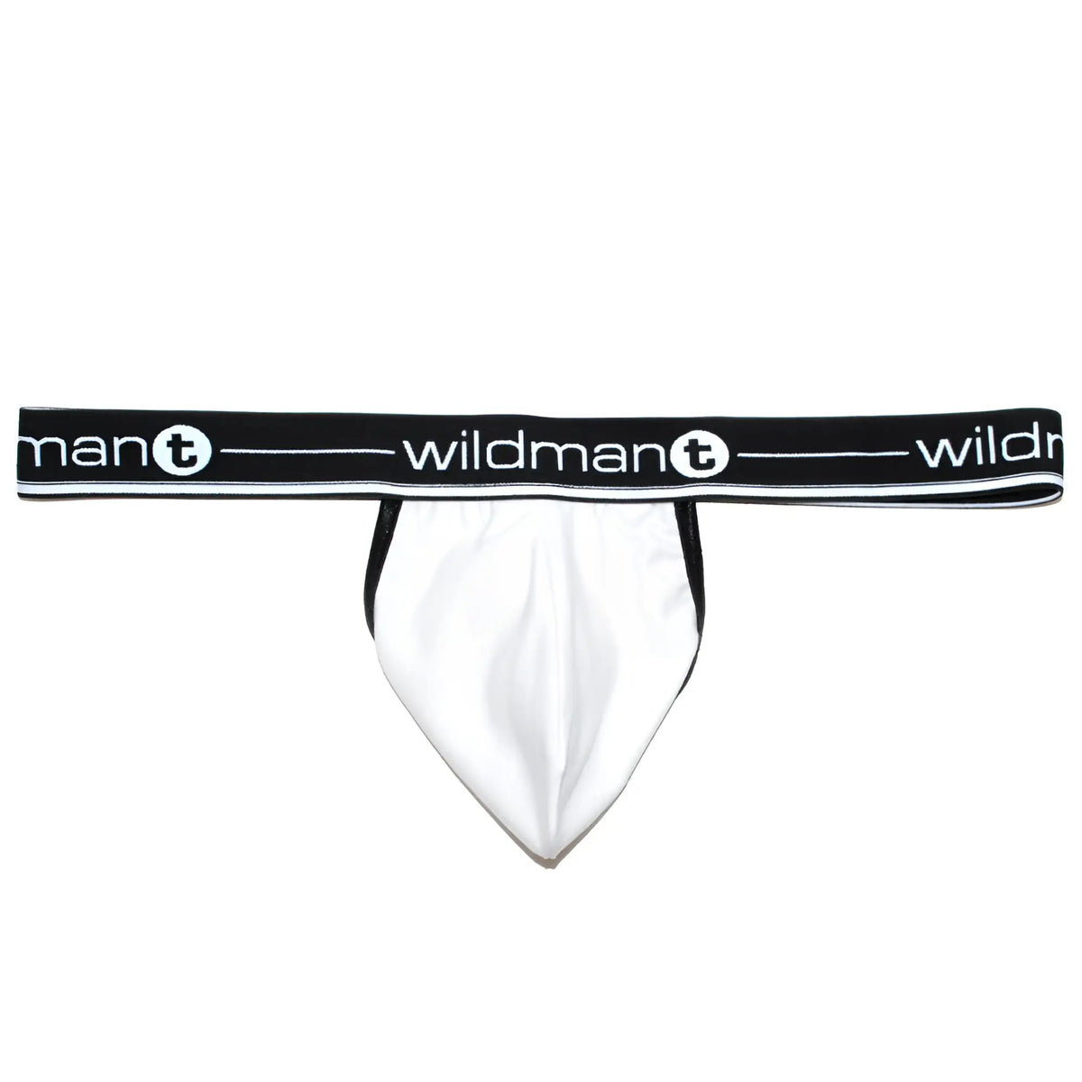 White wildman t briefs with black elastic waistband featuring wildman t logo in white lettering pouch strapless jock style