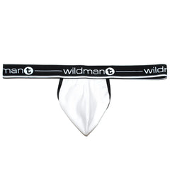 White wildman t briefs with black elastic waistband featuring wildman t logo in white lettering pouch strapless jock style