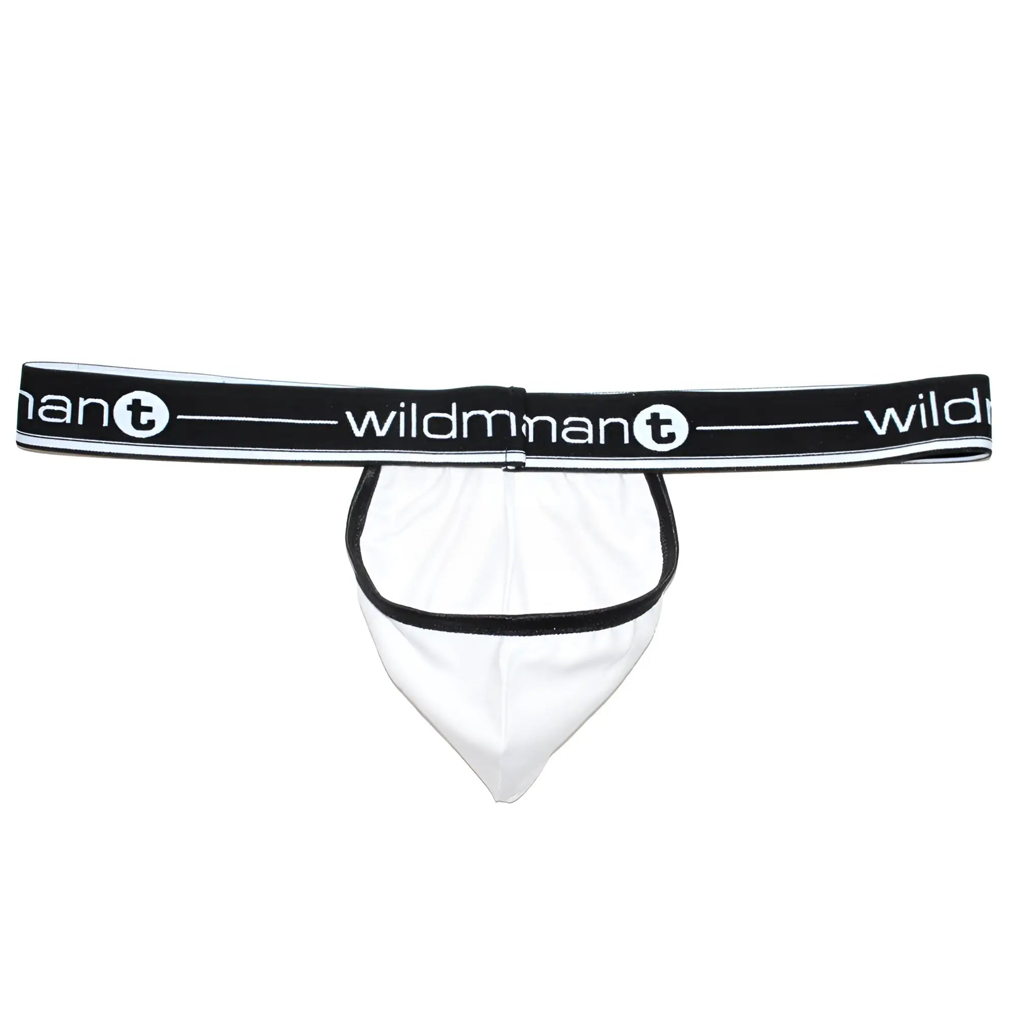White wildmant big boy pouch strapless jock thong with black elastic waistband and trim front view