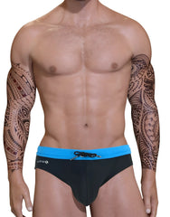 WildmanT big boy pouch swim bikini in black with bright blue waistband and small black drawstring on front side