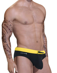 Black swim bikini with bright yellow waistband and wildman logo designed for big boys’ pouch support