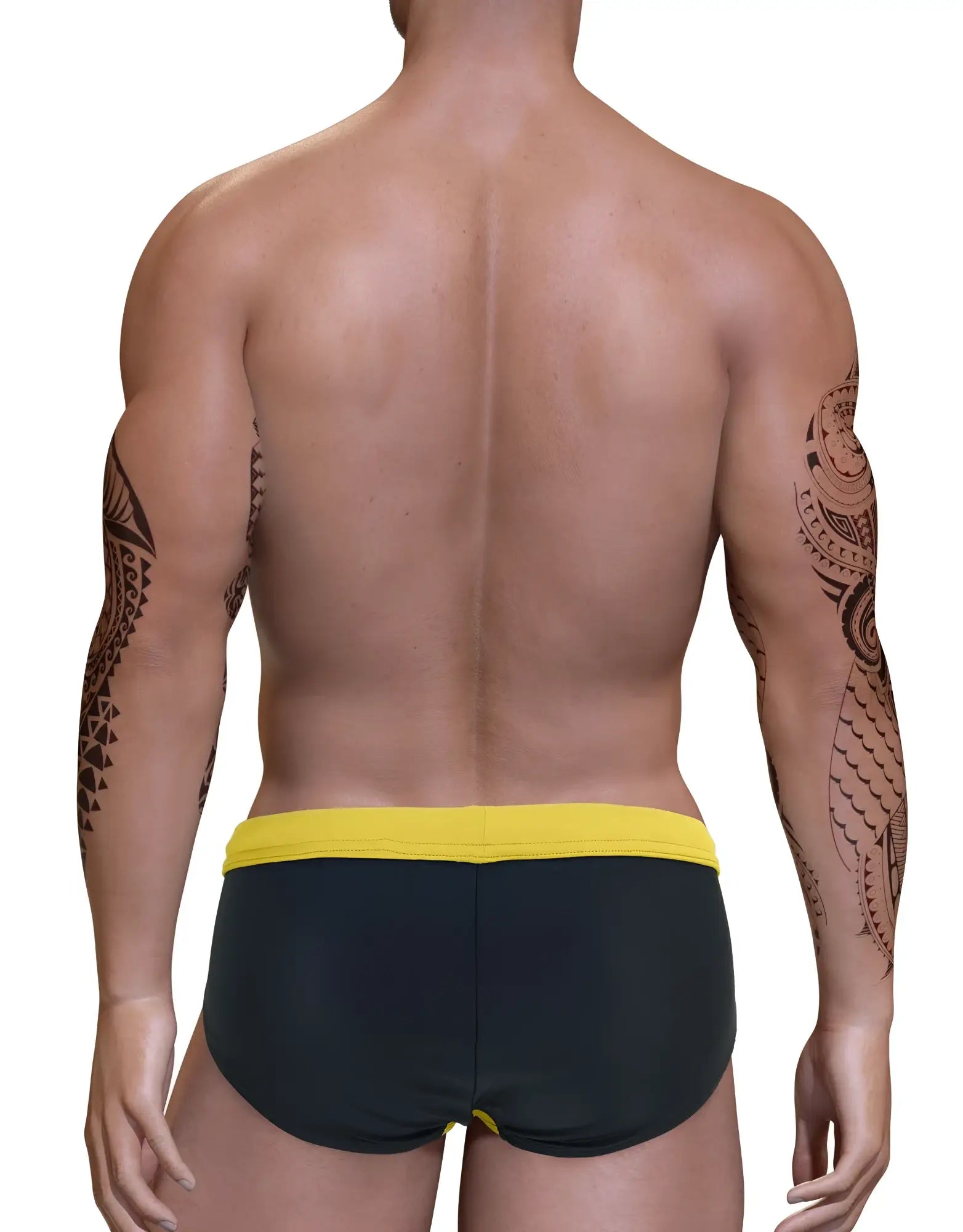 Wildmant big boy pouch swim bikini in black swim trunks with a bright yellow waistband for beachwear