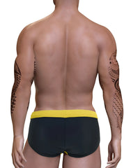 Wildmant big boy pouch swim bikini in black swim trunks with a bright yellow waistband for beachwear