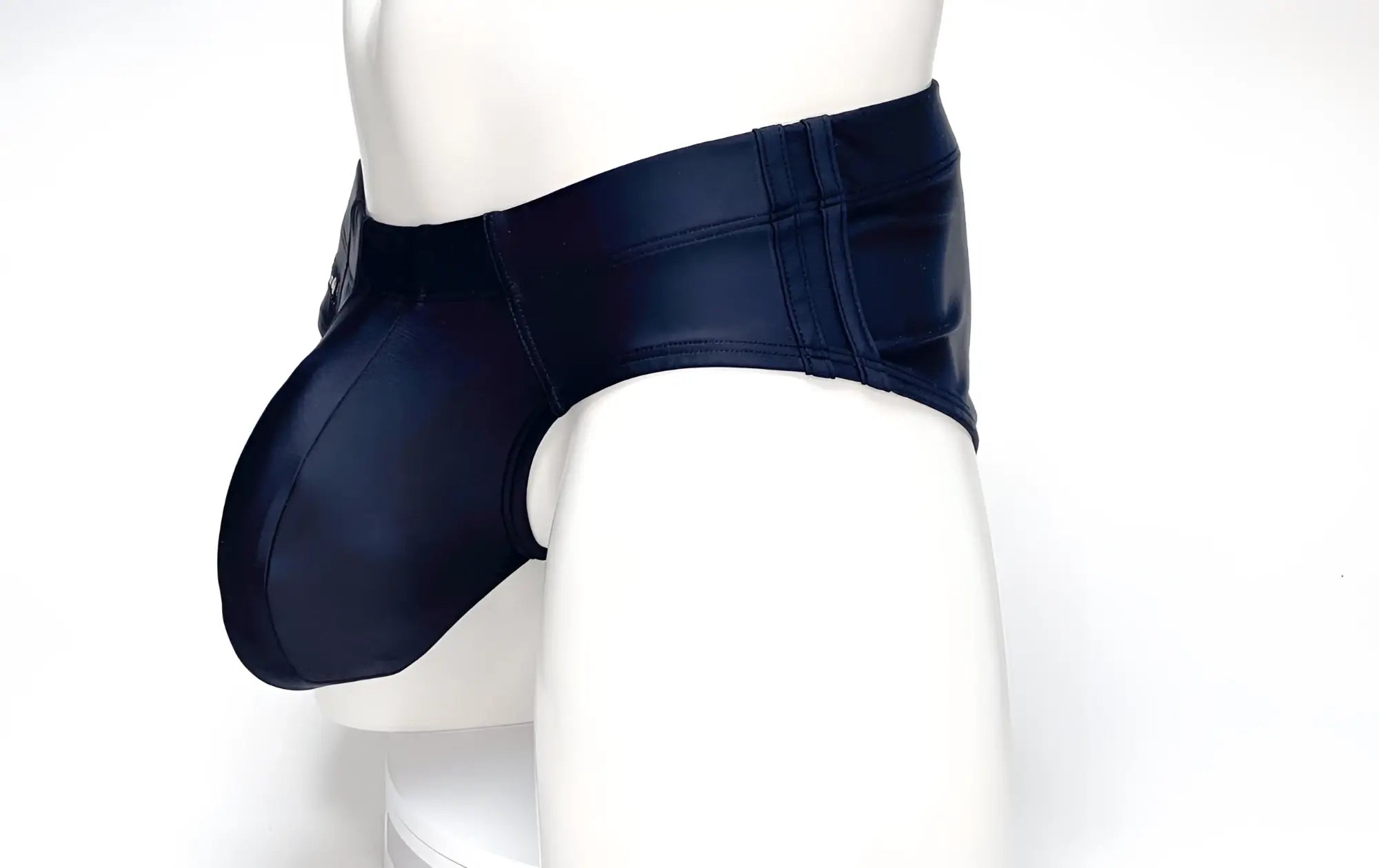 Navy blue faux leather jockstrap with reinforced stitching and contoured design from wildmanT big boy pouch swim brief black