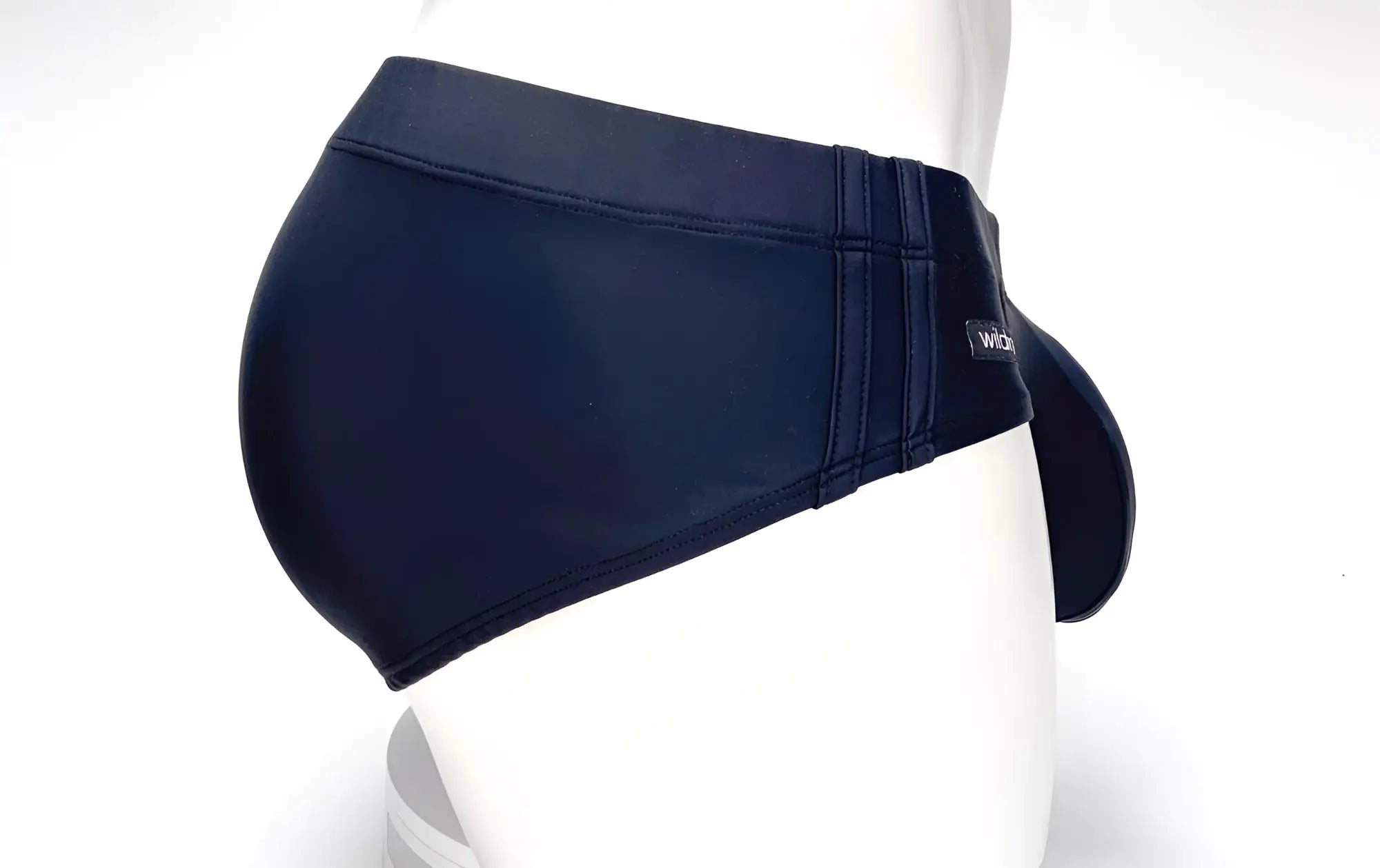 Wildmant big boy pouch swim brief black in navy blue neoprene with snug fit and reinforced waistband stitching