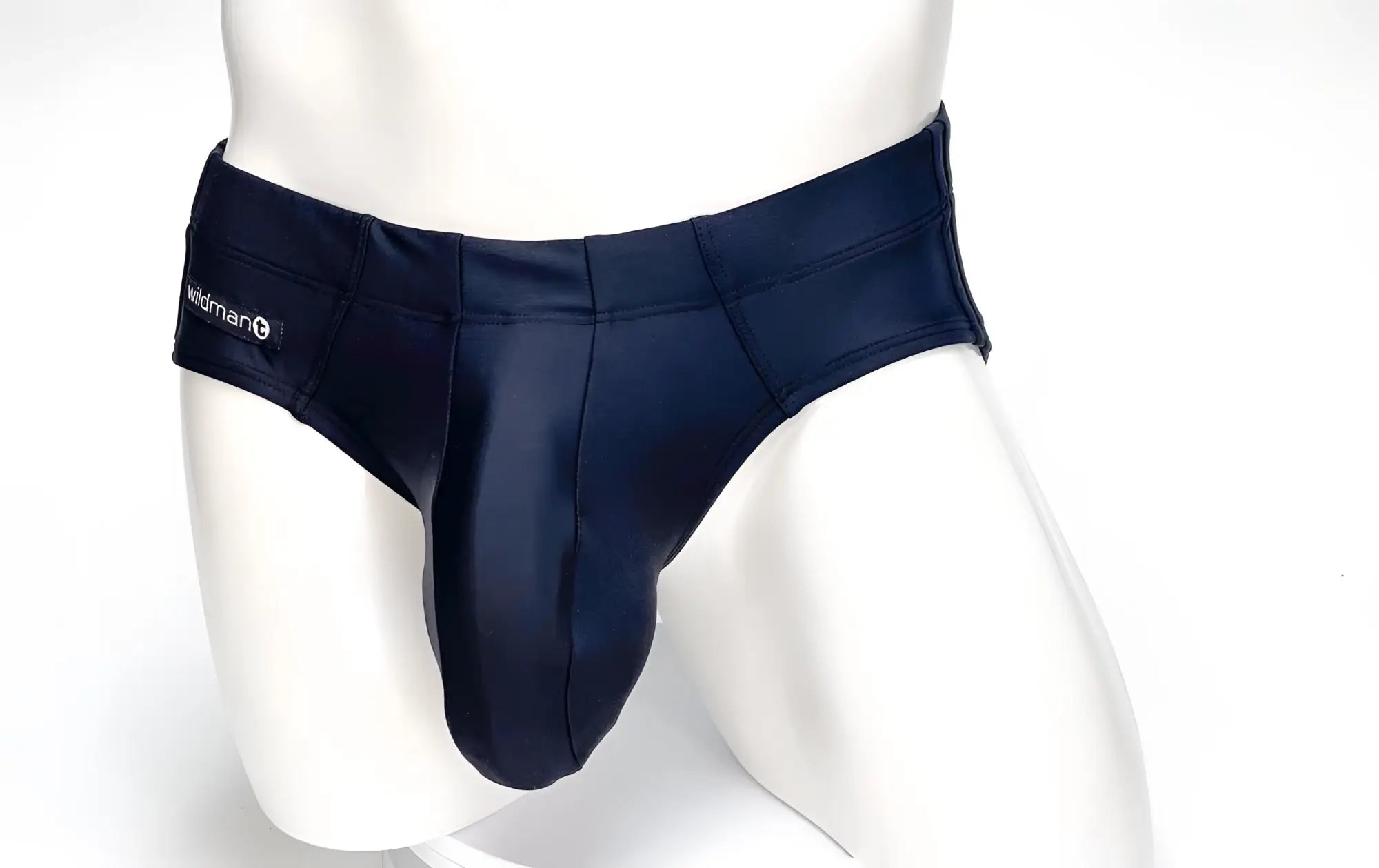 Wildmant big boy pouch swim brief in navy blue satin with sleek form-fitting design and wildman logo waistband