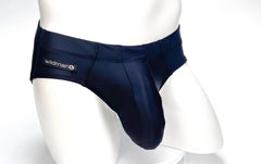 Navy blue satin swim briefs with big boy pouch and black wildman brand label on waistband for men