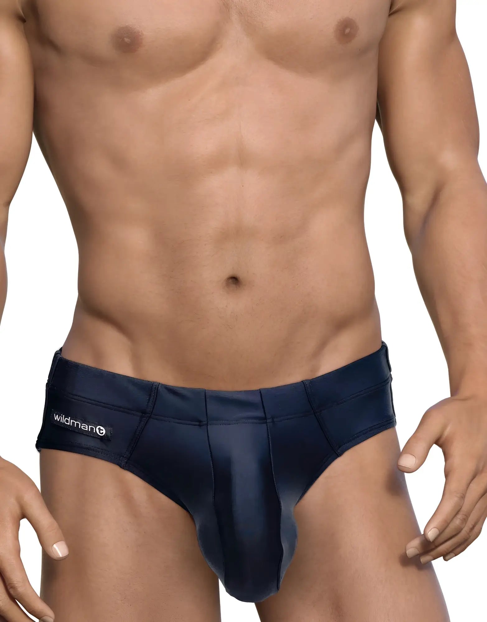 Navy blue satin wildmant big boy pouch swim brief with logo waistband in black shown from the back side