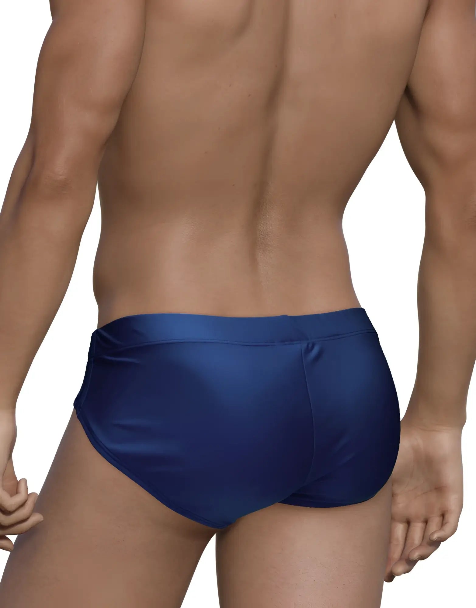 WildmanT big boy pouch swim brief navy in deep blue satin with a smooth glossy finish for swimwear use