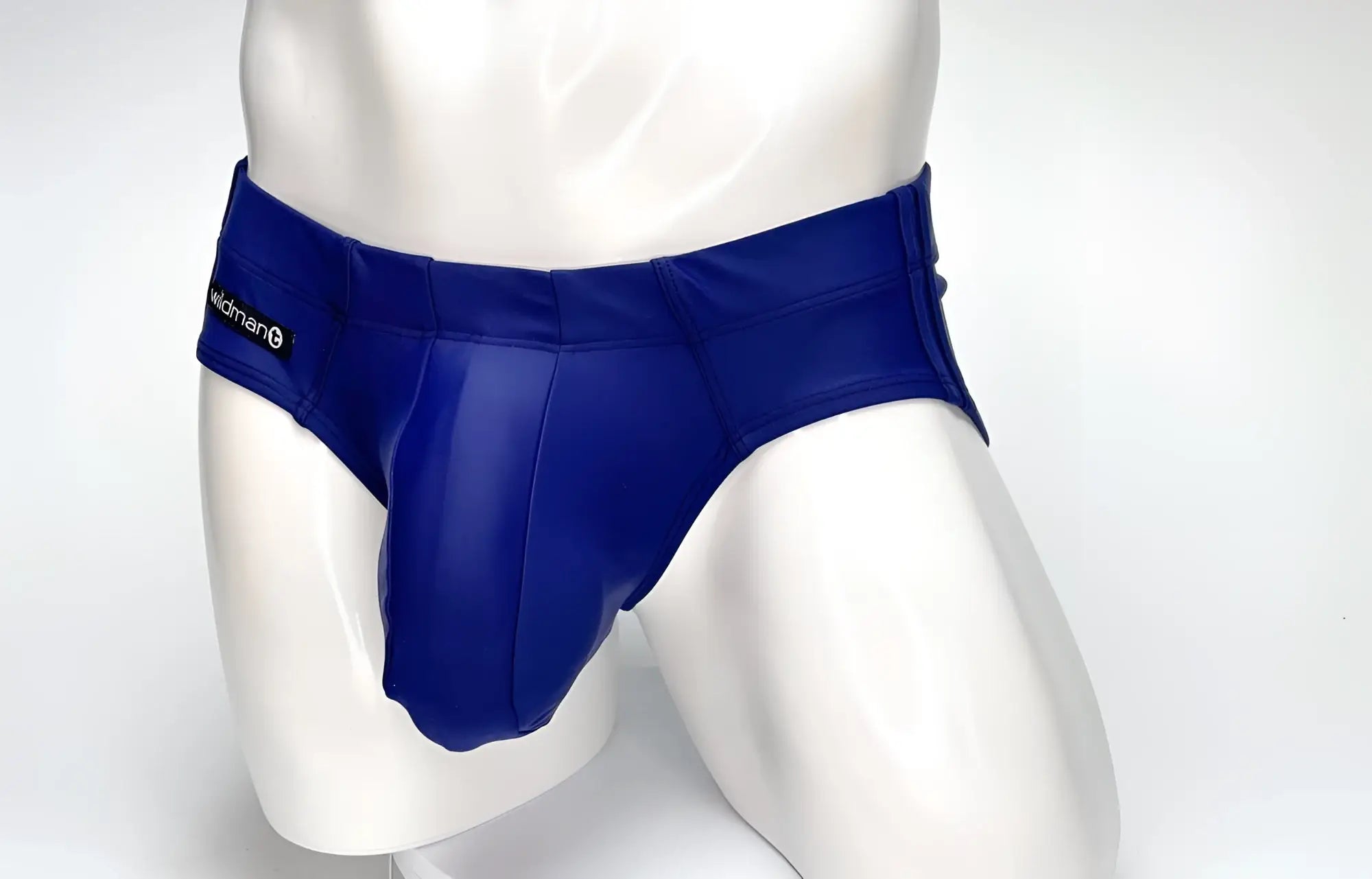 Wildmant big boy pouch swim brief navy in royal blue glossy faux leather with sleek form-fitting design and wildman logo waistband