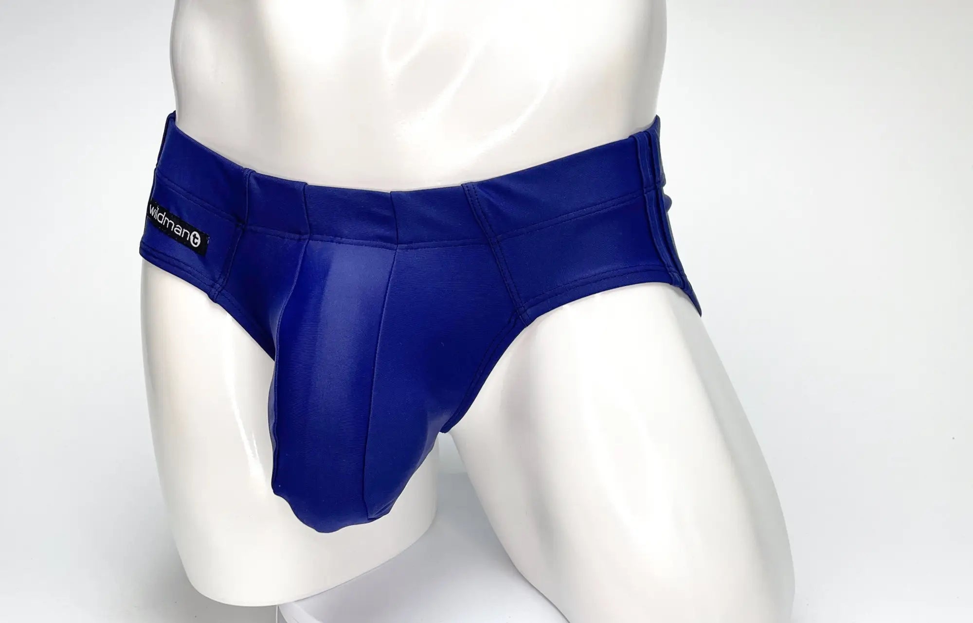 Wildmant big boy pouch swim brief navy in royal blue glossy faux leather with sleek form-fitting design and black waistband tag