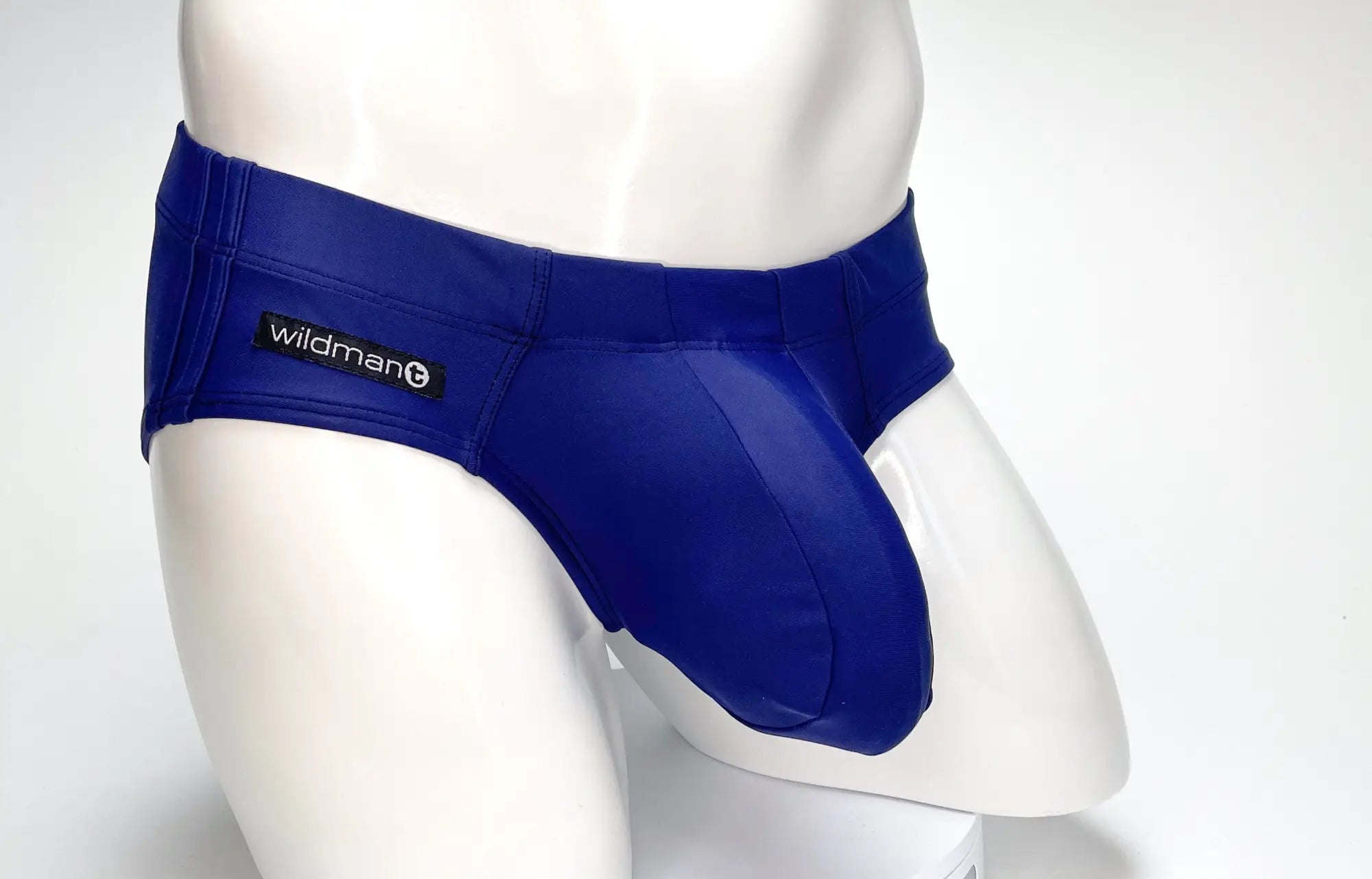Royal blue glossy finish wildman big boy pouch swim briefs with branded waistband for men in navy color