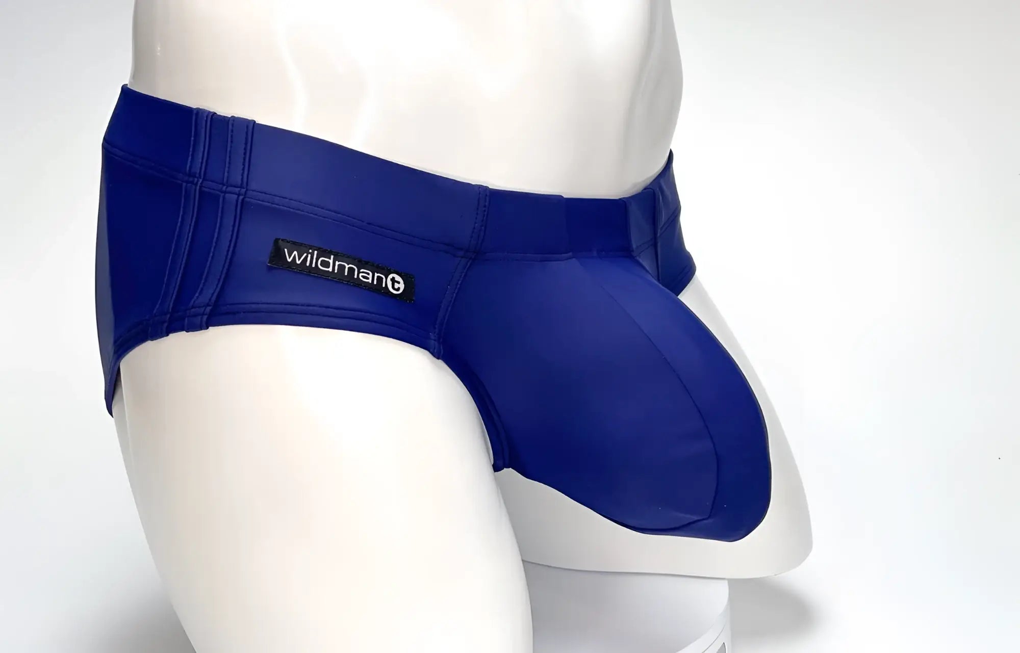 Royal blue synthetic fabric swim briefs with a black wildman brand label on the waistband for big boys