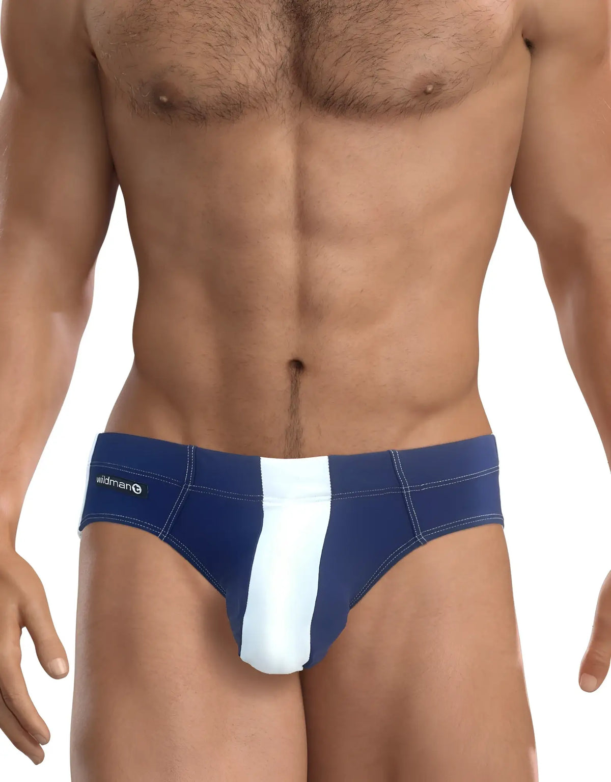 Navy blue and white striped men’s WildmanT big boy pouch swim briefs with logo waistband in royal blue color