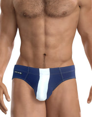 Navy blue and white striped men’s WildmanT big boy pouch swim briefs with logo waistband in royal blue color