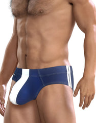Wildmant big boy pouch swim brief in royal blue features blue and white striped athletic design