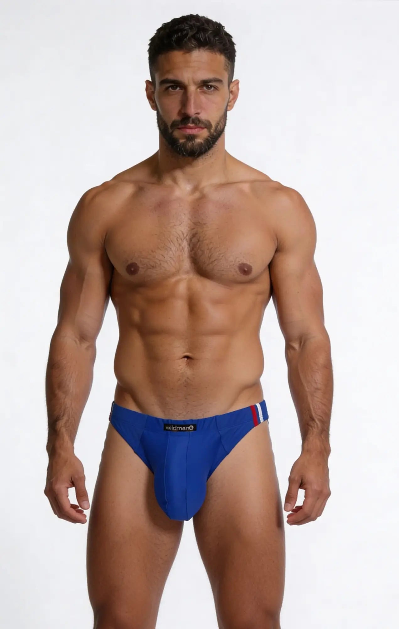 WildmanT big boy pouch swim brief thong in royal blue with a red and white striped waistband trim