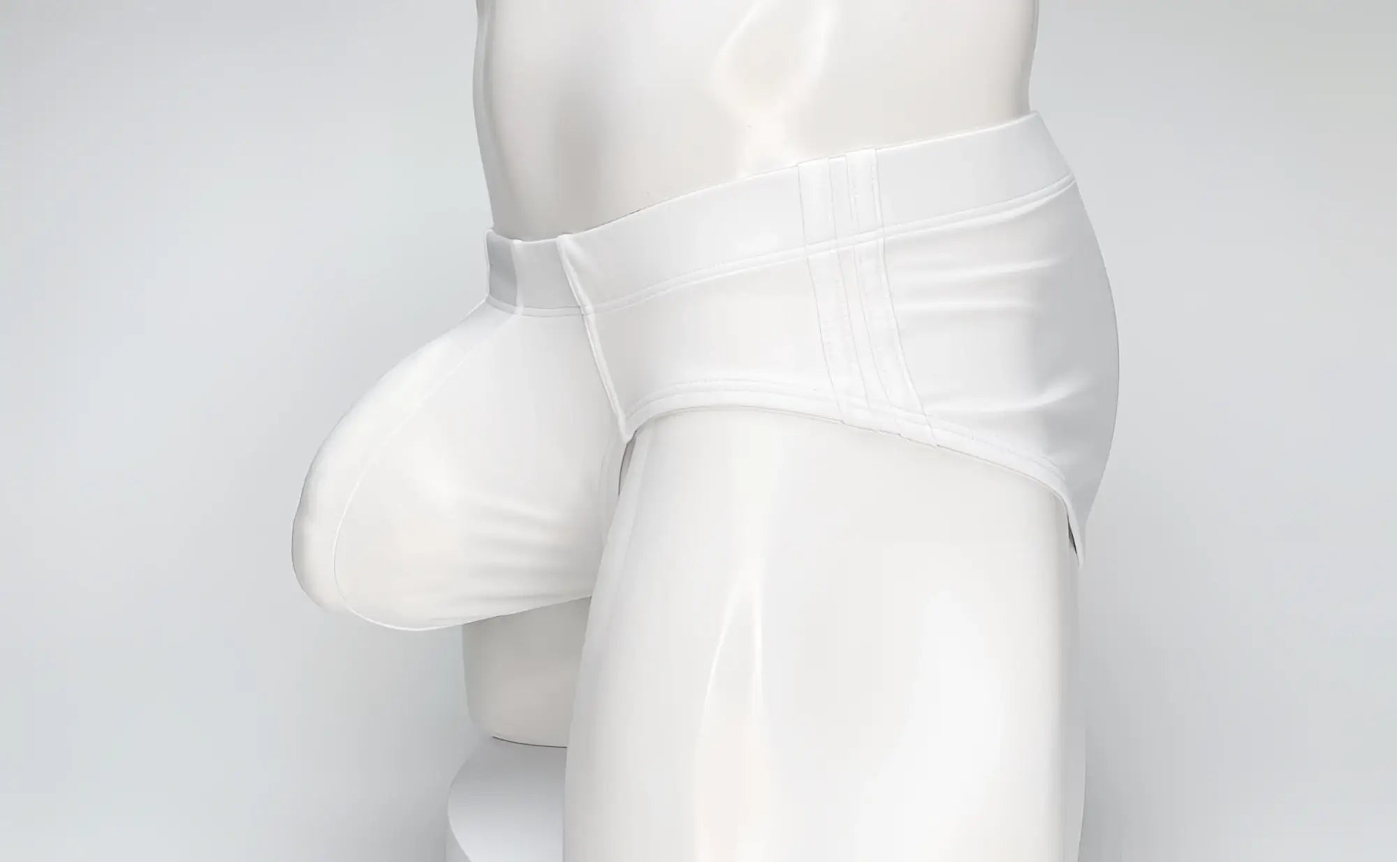 Wildmant big boy pouch swim brief in white satin briefs with smooth glossy finish and structured side panels
