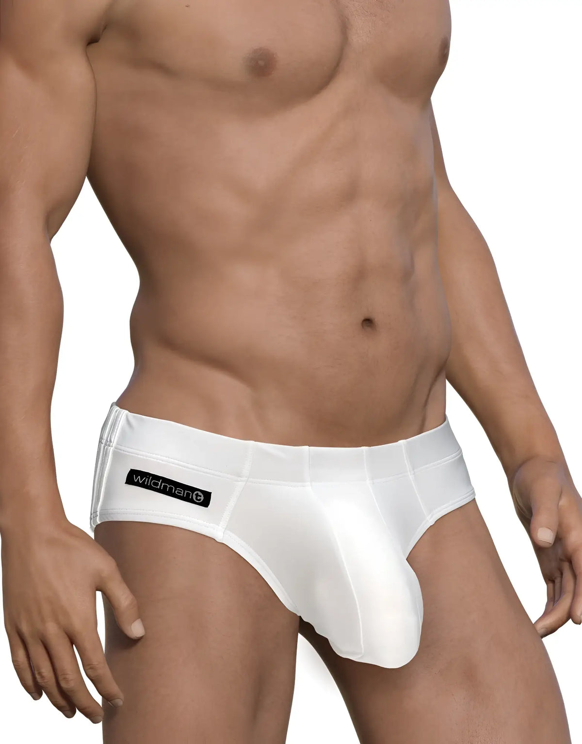 White sleek form fitting wildmanq mens swim briefs with big boy pouch and branded waistband for swimming