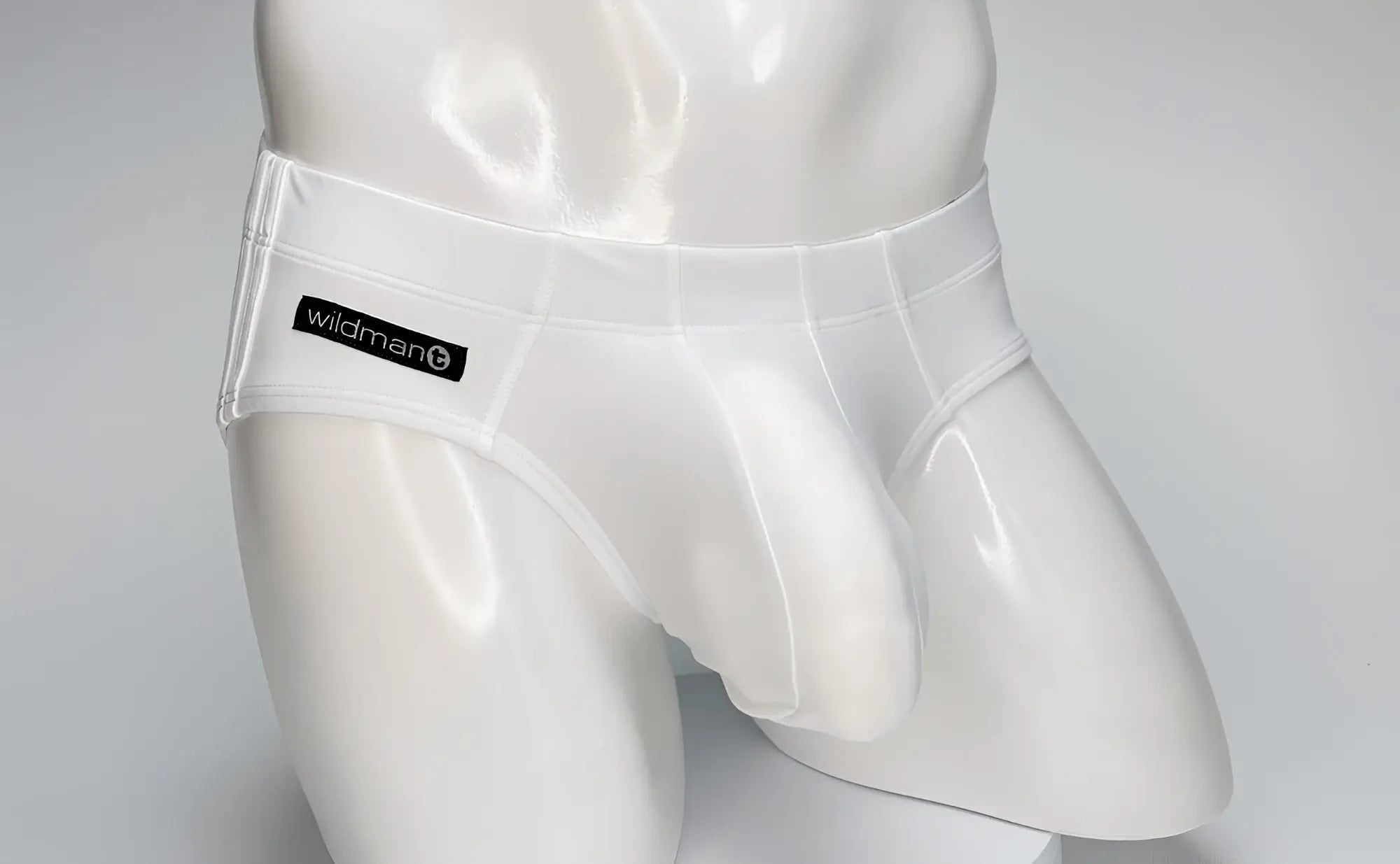 White translucent swim briefs with black wildman label on waistband designed for big boy pouch support