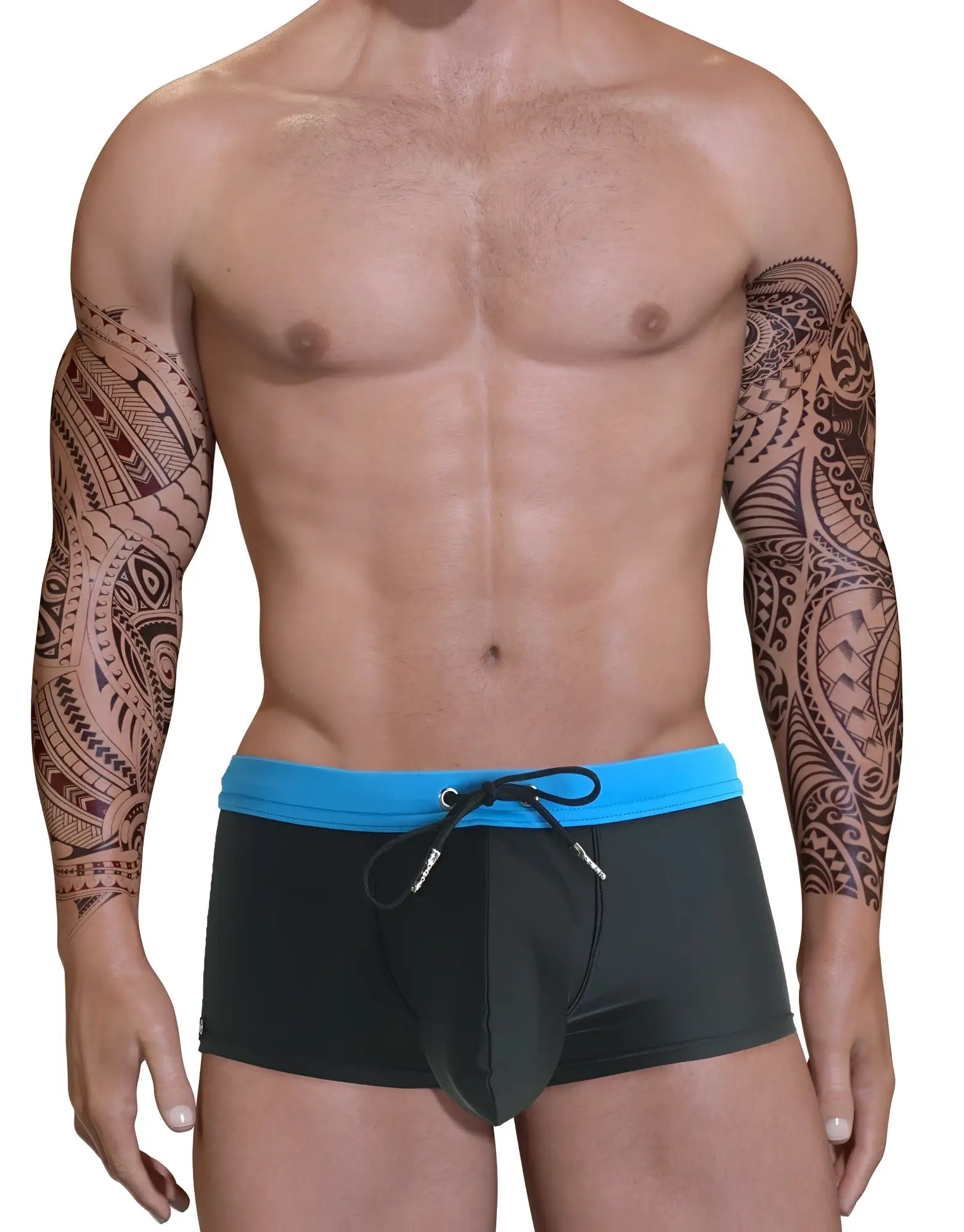 WildmanT big boy pouch swim square cut swim trunks in black with bright blue adjustable waistband