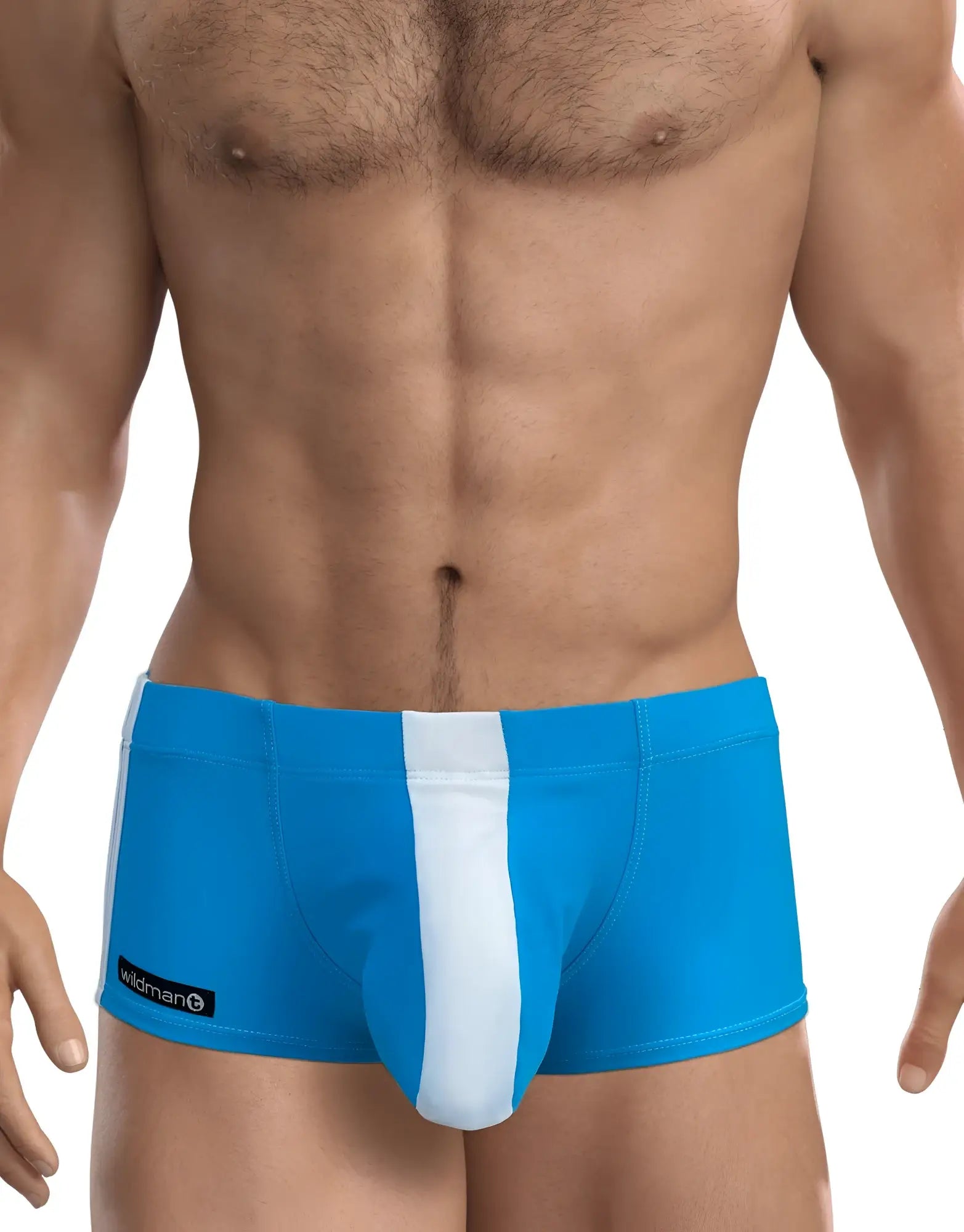 Bright blue WildmanT big boy pouch swim square cut trunks with white vertical stripe and black brand tag on left side