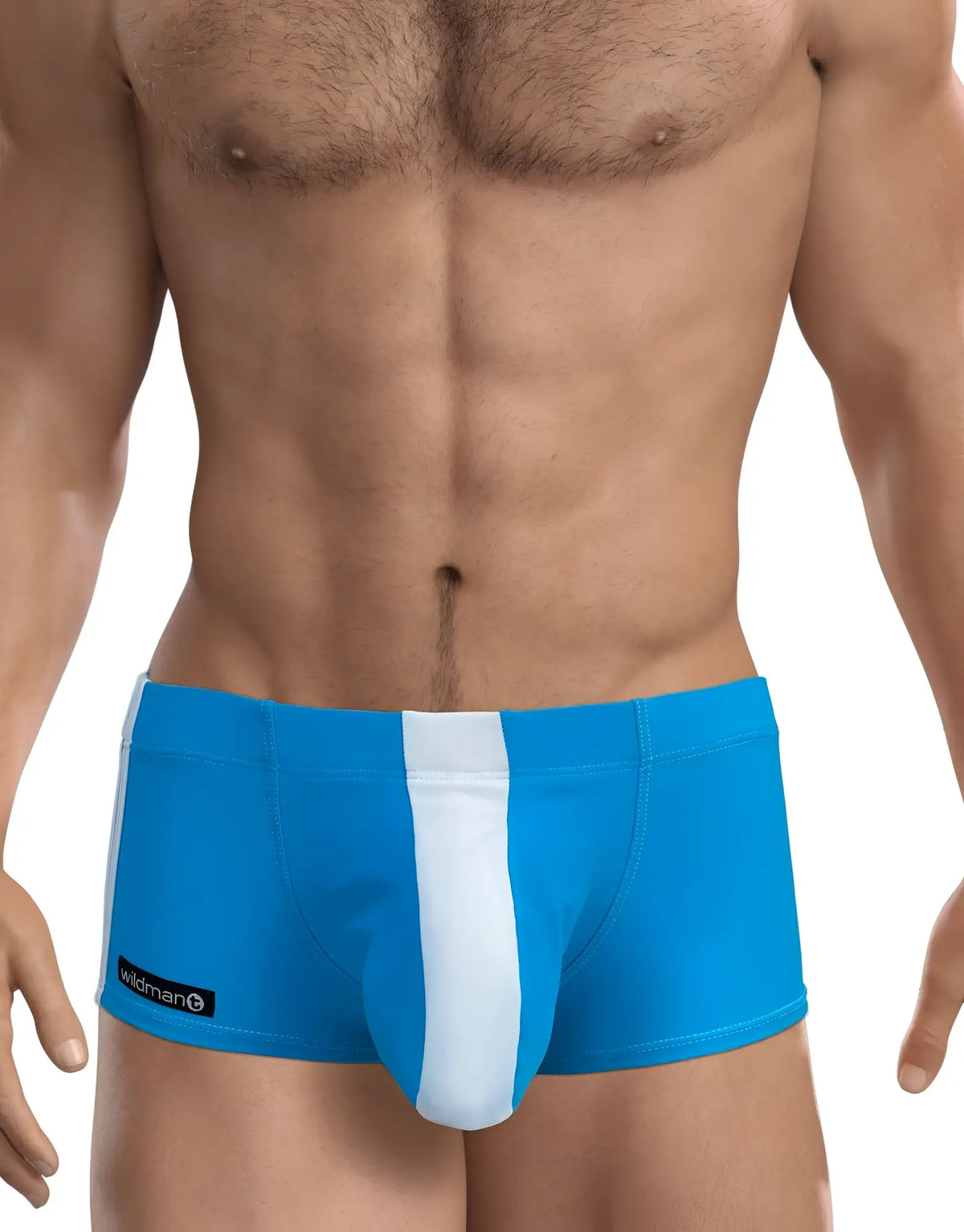 Bright blue WildmanT big boy pouch swim square cut trunks with white vertical stripe and black brand tag on left side