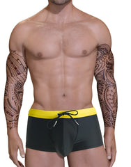 Wildmant big boy pouch swim square cut black trunks with bright yellow waistband and black drawstring