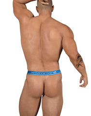Blue elastic waistband with wildman branding on wildmant big boy strapless pouch in white mesh with blue band