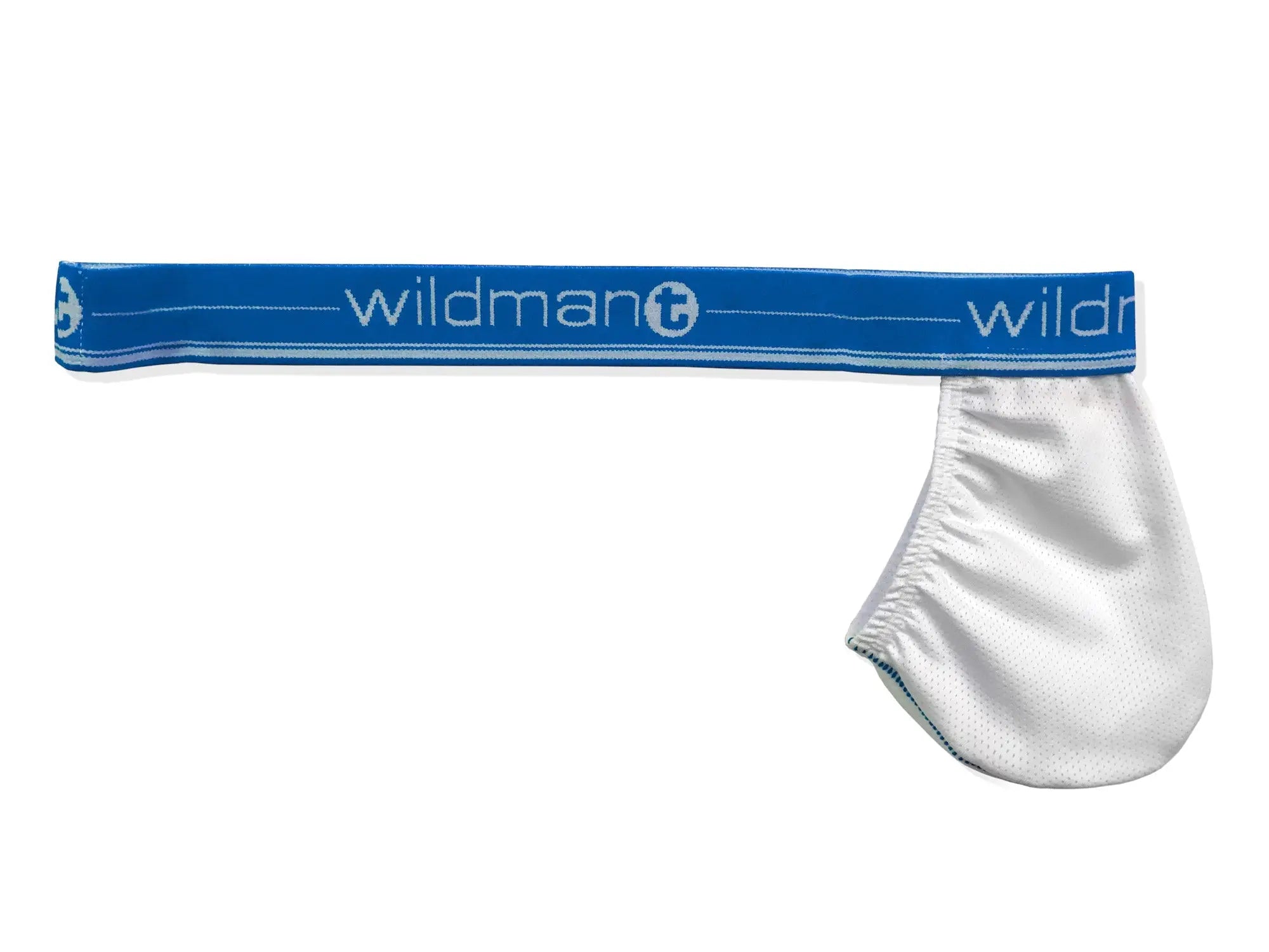White satin brief with blue elastic waistband and wildman branding from wildmant big boy strapless pouch white mesh