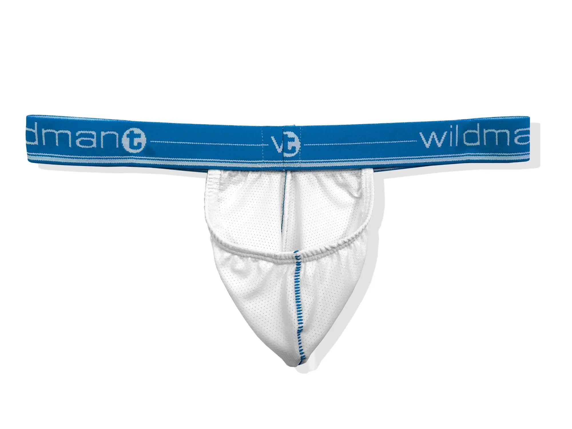 White mesh thong with blue elastic waistband featuring wildman brand logo from wildmant big boy strapless pouch collection
