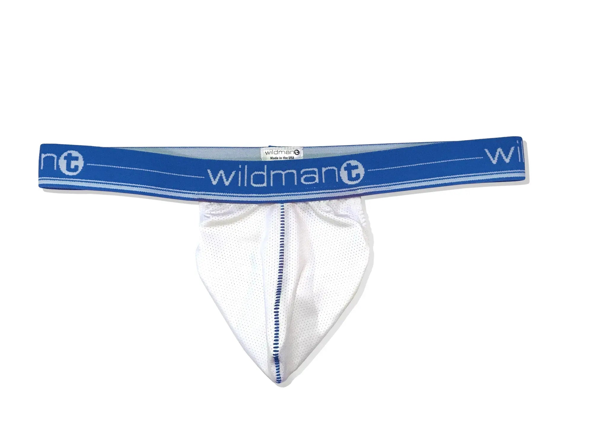 White mesh thong with blue elastic waistband featuring wildman logo from wildmant big boy strapless pouch collection