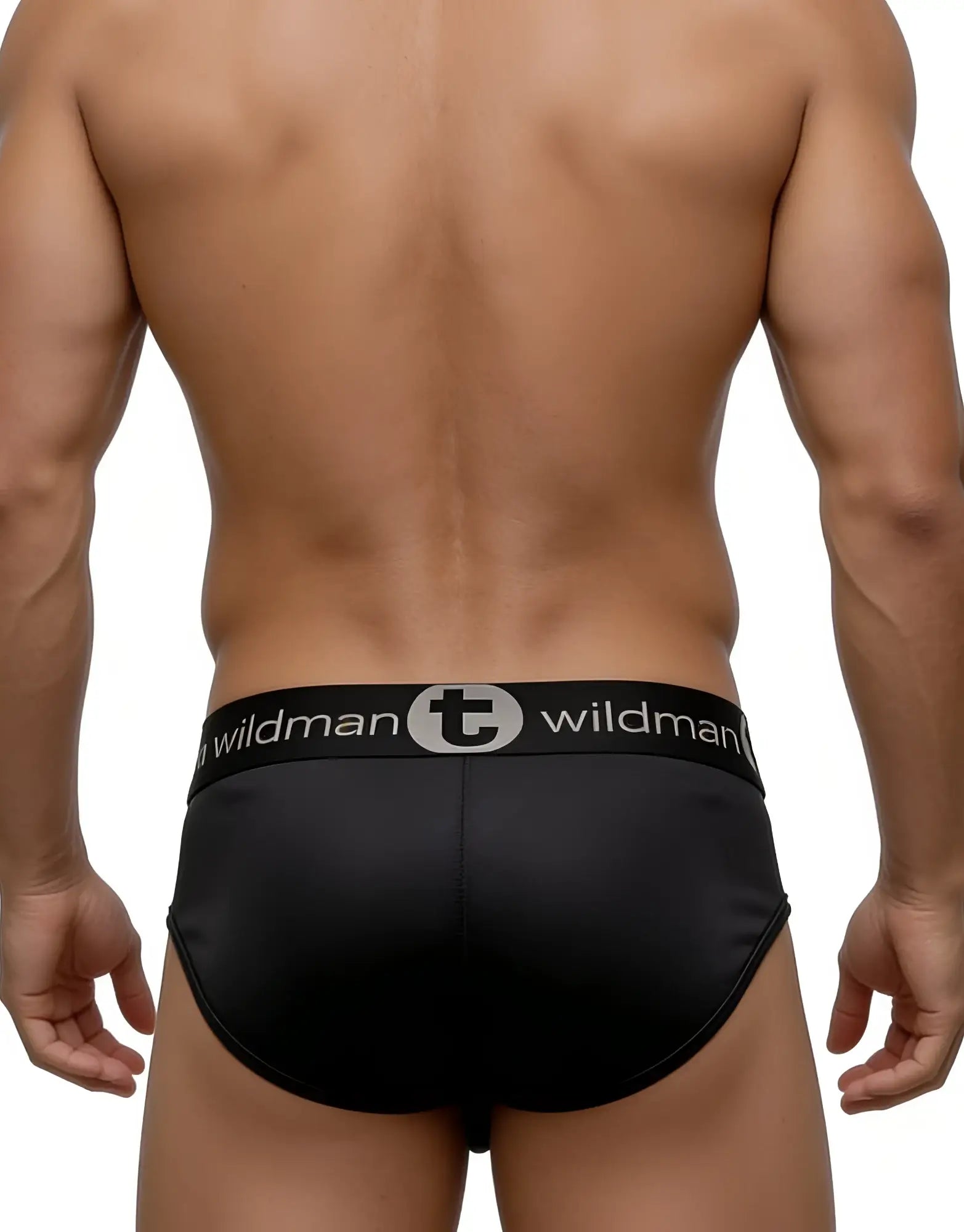 Black wildman brand big boy pouch brief with sleek form-fitting design and contrasting gray logo band front view