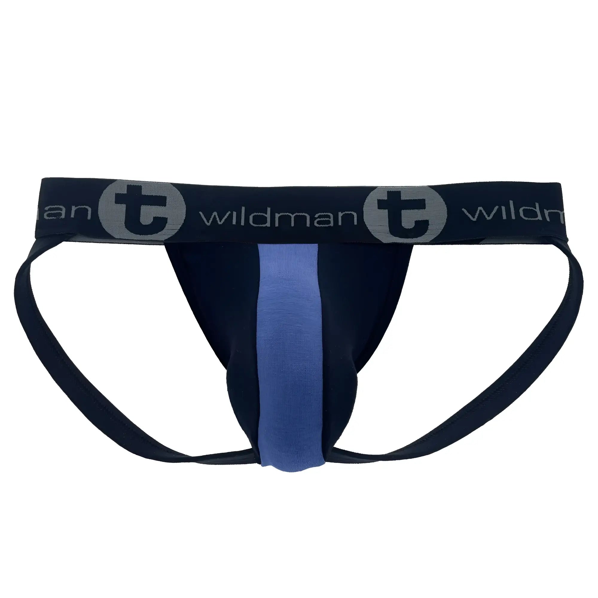 Black and royal blue wildman cotton jockstrap with vertical stripe and wildman logo on waistband front view