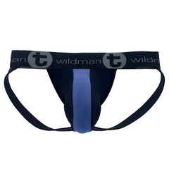 Black and royal blue wildman cotton jockstrap with vertical stripe and wildman logo on waistband front view