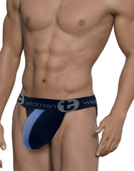 WildmanT cotton big boy pouch stripe jockstrap in navy and light blue with branded wildman waistband