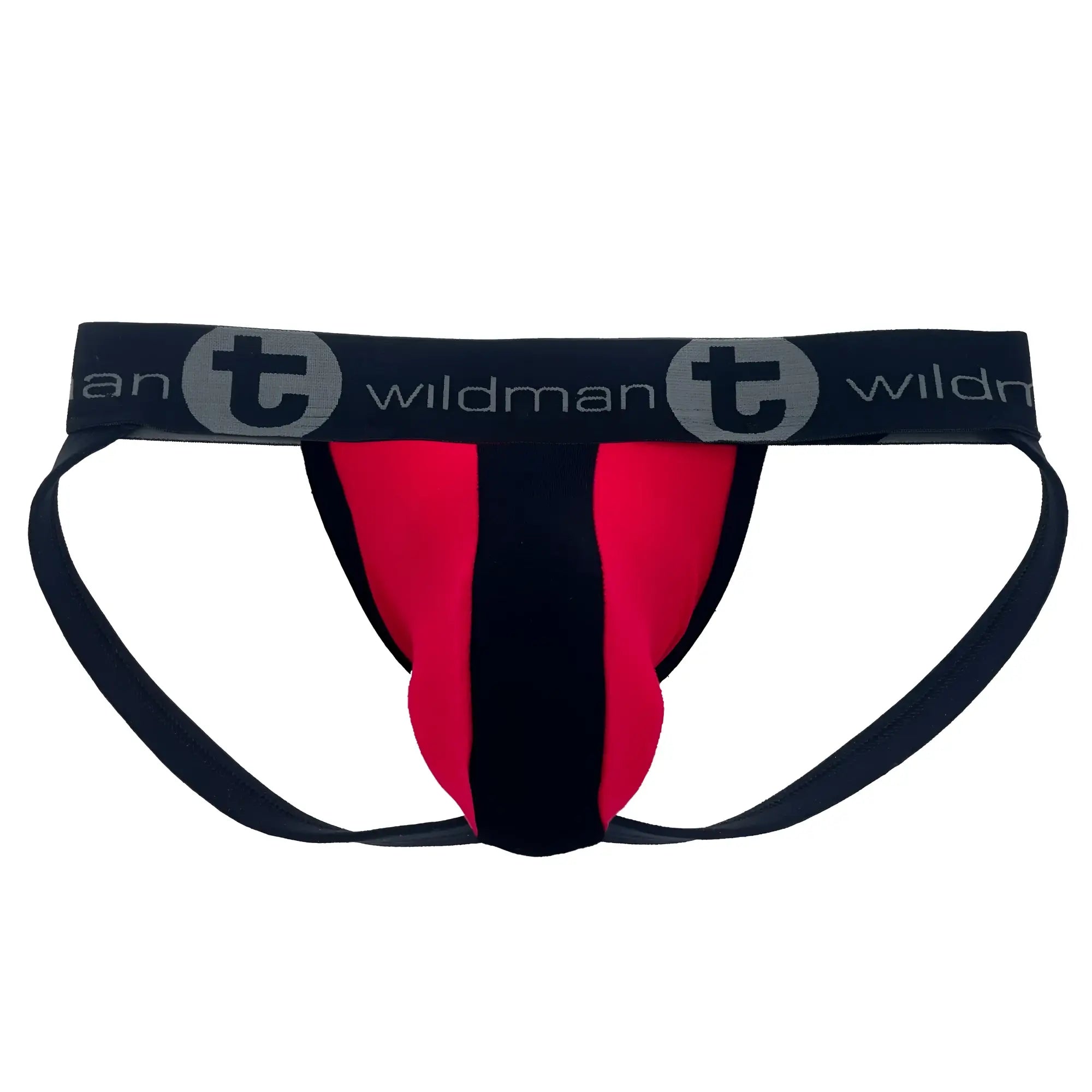 Black and red cotton wildman big boy pouch stripe jockstrap with branded waistband for athletic support