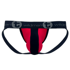 Black and red cotton wildman big boy pouch stripe jockstrap with branded waistband for athletic support