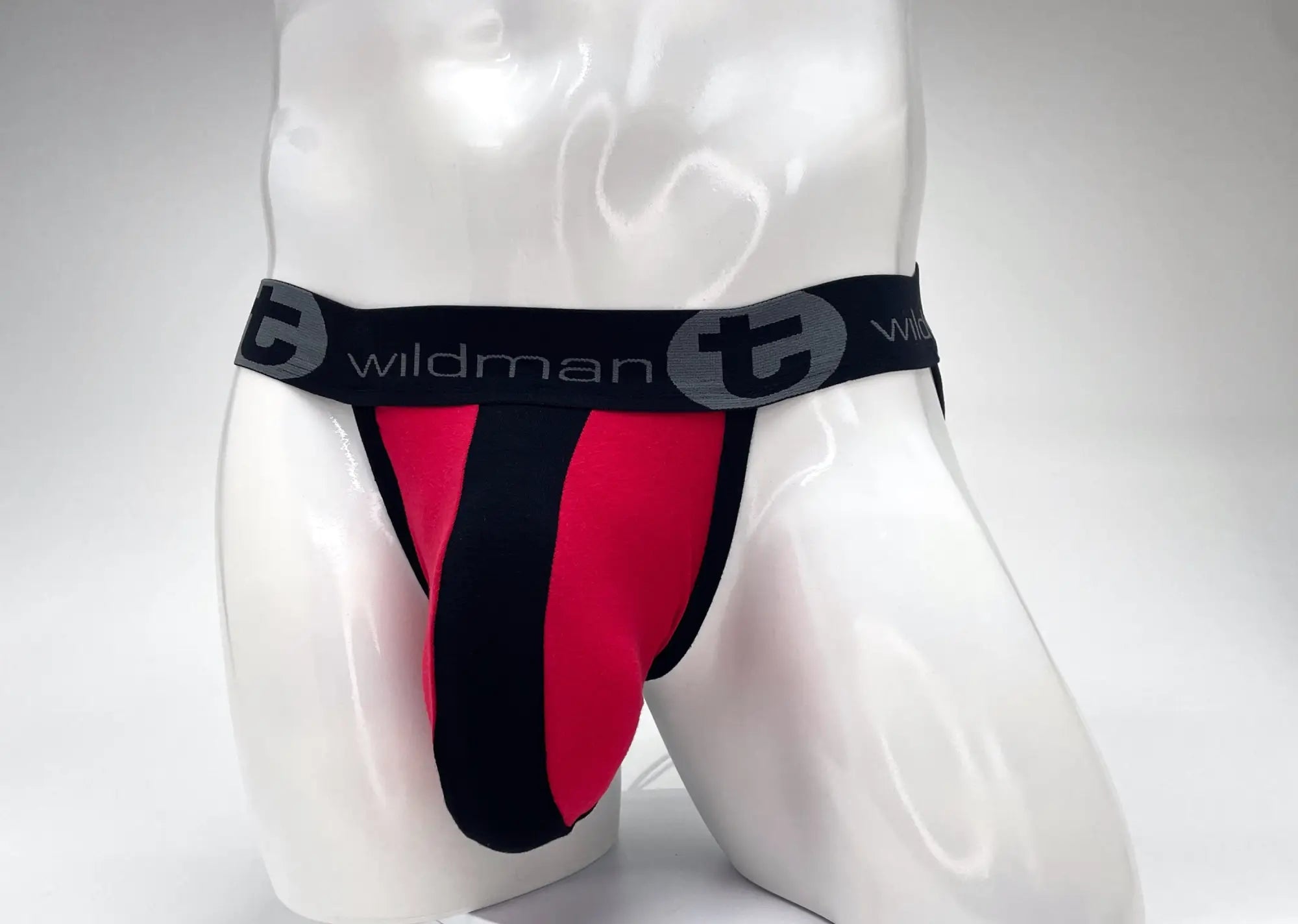 Wildmant cotton big boy pouch stripe jockstrap in red and black with branded elastic waistband and athletic design