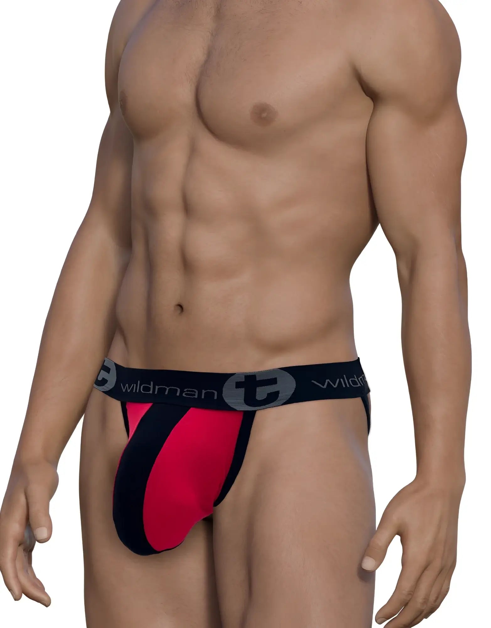Wildmant cotton big boy pouch stripe jockstrap in red and black with a branded waistband and athletic design