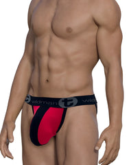 Wildmant cotton big boy pouch stripe jockstrap in red and black with a branded waistband and athletic design
